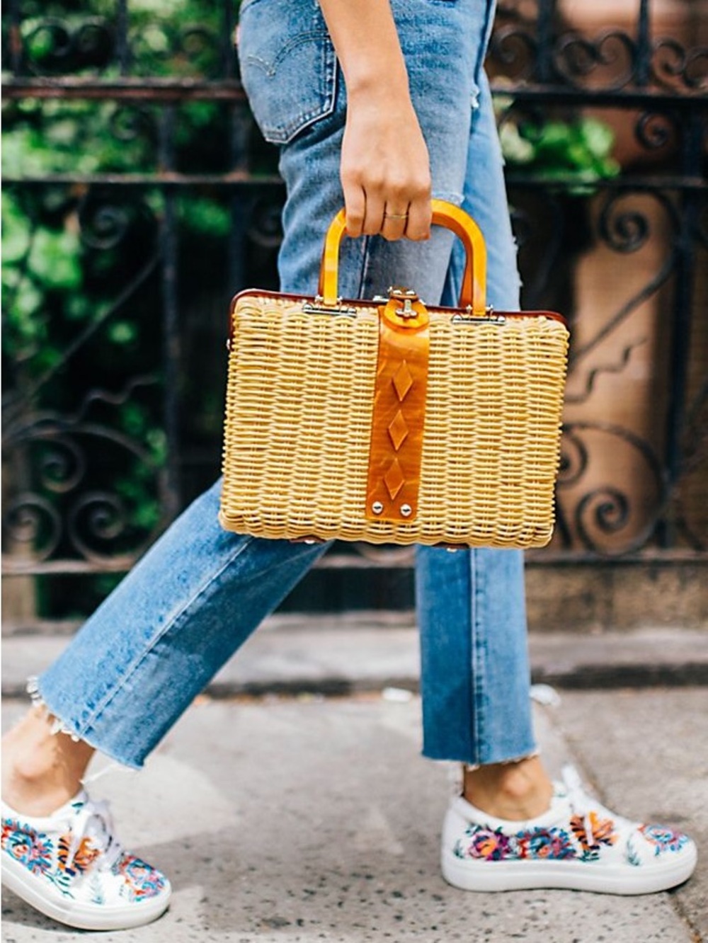 Free People Yellow Wicker Box Clutch with Tan Leather Trim